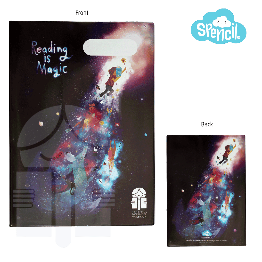 The front and back faces of an exercise book cover with the Spencil logo in the top right corner