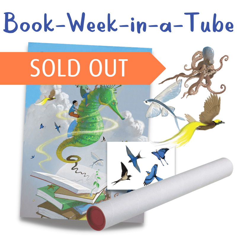 A large wall poster is accompanied by some cartoon animal cutouts and a long postal tube with text that reads Book Week in a tube now sold out