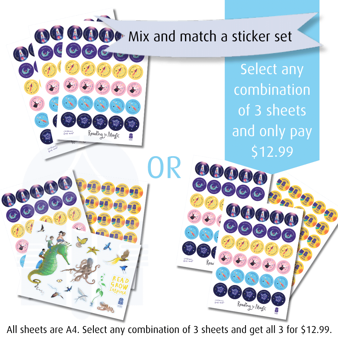 An array of sheets with small round stickers are fanned out ion 3 groups. Text on a graphic flag reads "Mix and match sticker set. Select any combination of 3 sheets and only pay 12 dollars 99 cents."