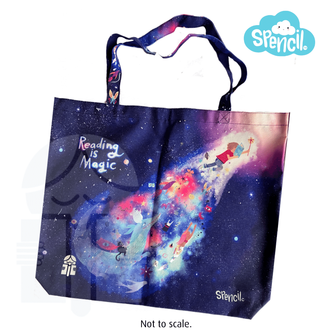 A photo of a cotton tote wit the Spencil logo in the top right corner. Disclaimer text at the bottom reads Not to scale.