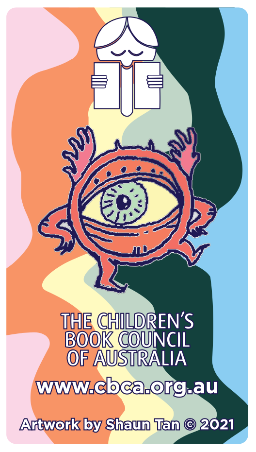 An illustration of a walking monster that is a giant eye on a card that has text that reads The Children's Book Council of Australia