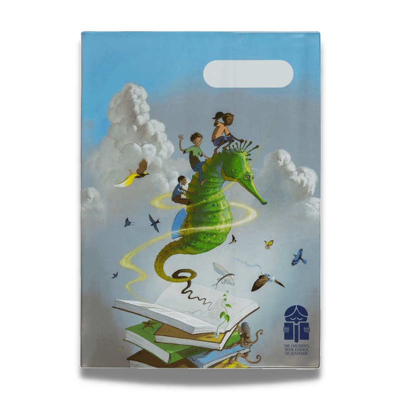 A photo of an A4 book cover that has an illustrated flying seahorse carrying small children