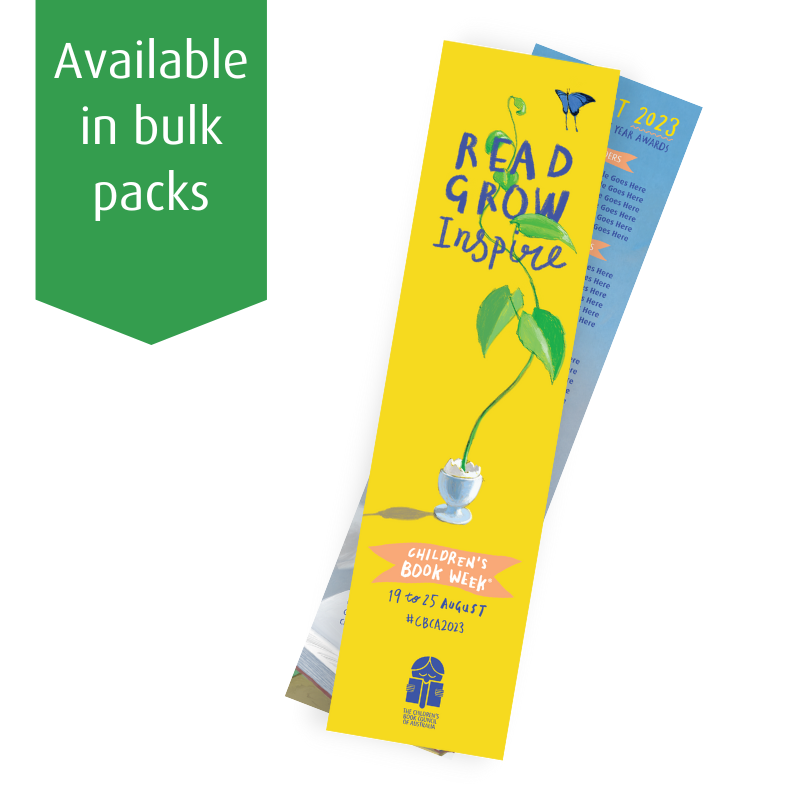 the front and rear faces of a bookmark with text that reads "available in bulk packs"