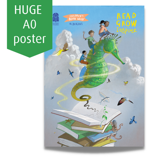 illustration of three chidlren riding on th eback of a seahorse above a stack of open books in a cloudy sky with text that reads "huge A zero poster