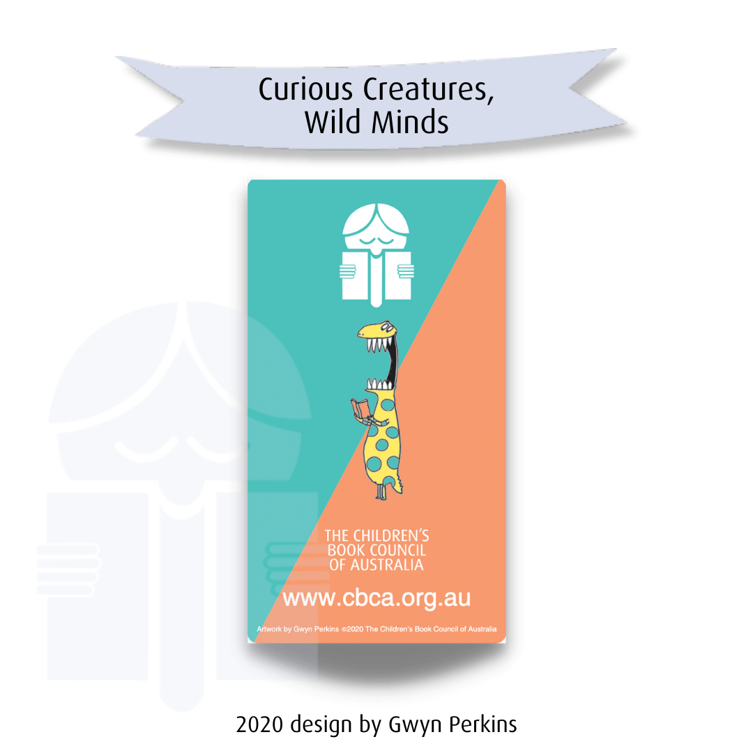 A picture of a brooch in the shape of a slender tall monster with a large open mouth full of teeth. Text on a graphic flag reads "Curious creatures, wild minds." Text at the base of the image says "2020 design by Gwyn Perkins."