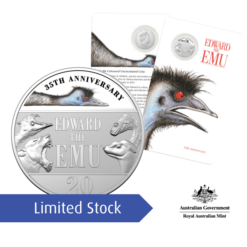 graphic of a special 20 c uncirculated Australian coin that haas the picture of an emu's head under the words 35th anniversary. There are 4 other animal heads that feature on the coin, another emu, a lizard, a female lion, and a seal. Behind the coin is a postcard showing the front and back of the card, the back view is mostly hidden but you can see the coin in the top corner, the front has another image of the same emu and the words Edward the Emu. There is a text flag that reads Limited stock.