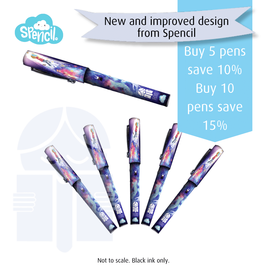 A collection of fancy ball point pens with a lid are fanned outwards like an open fan. Text over a graphic flag reads "New and improved design from Spencil" then under that it reads "Buy 5 pens save 10 percent, Buy 10 save 15 percent".