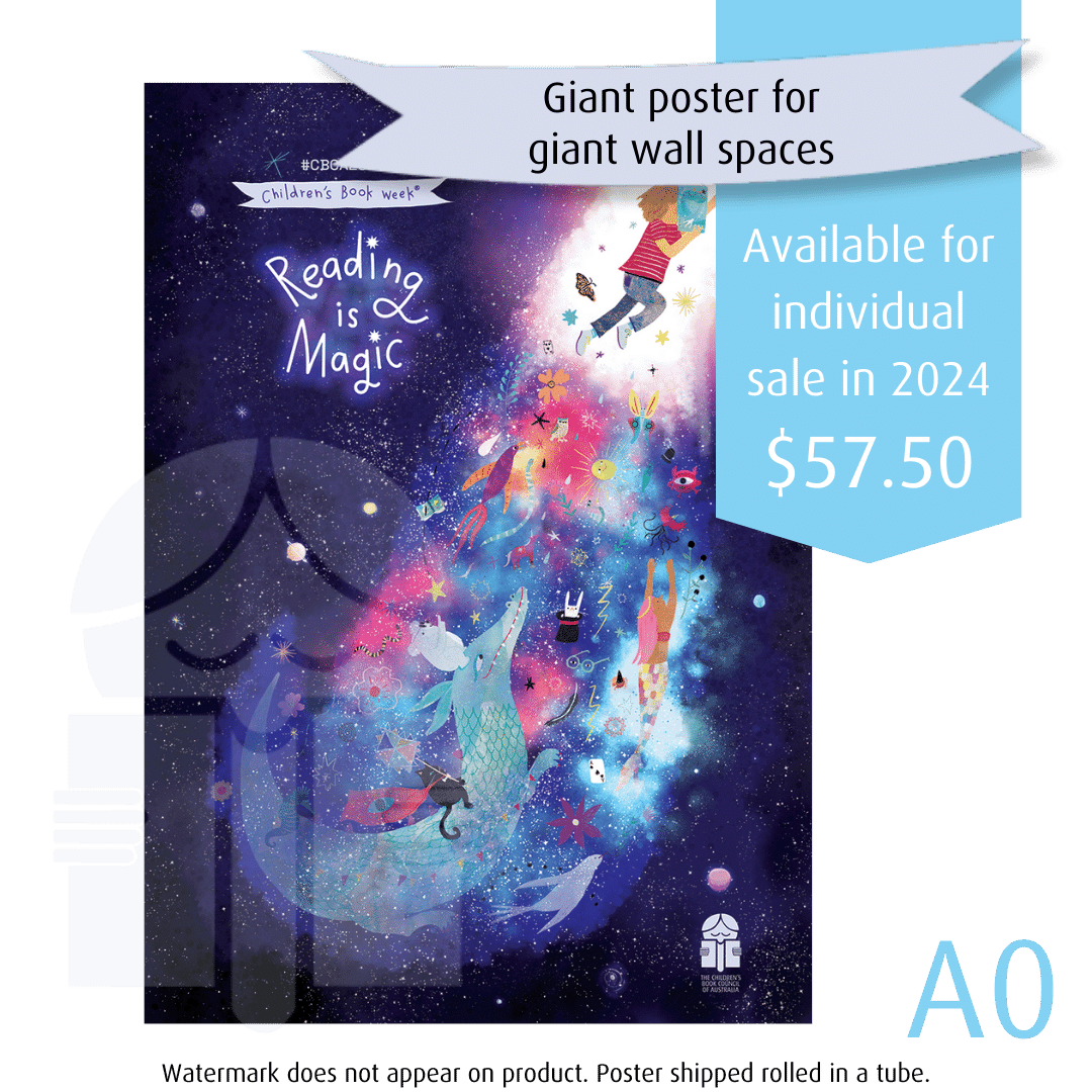 A product graphic of a poster showing a collection of cartoon mythical creatures all flying upwards into a stream of light. There is text on the poster that reads Reading is Magic Children's Book Week®. There is text surrounding the image of the poster that reads Giant poster for giant wall spaces, available for individual sale in 2024 57 dollars 50 cents.