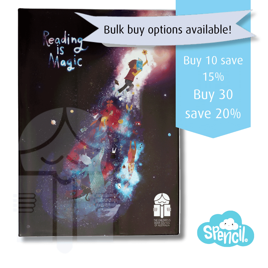 An exercise book cover with graphic text that reads "Bulk buy options available. Buy 10 save 15 percent, Buy 30 save 20 percent."