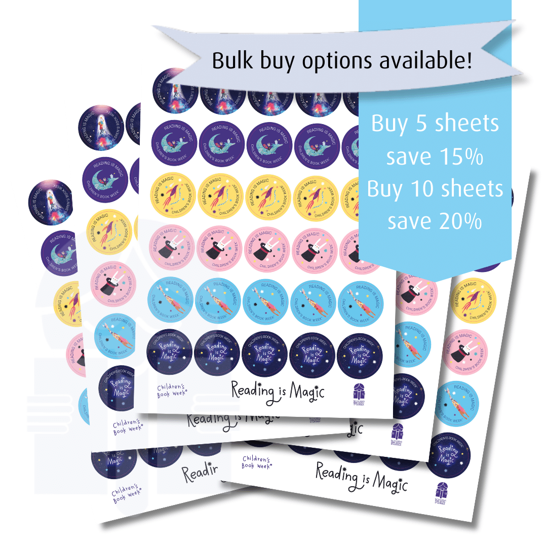 Sheets of colourful reward stickers are fanned outwards and across them on graphic flags is text that reads Bulk buy options available, buy 5 sheets save 15 percent, buy 10 sheets save 20 percent