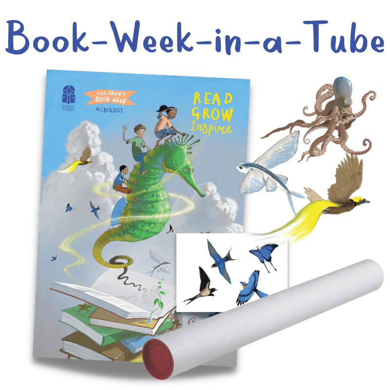 a large poster with a flying seahorse carrying three young cartoon children through the sky, is next to three cartoon figures one is an octopus, the second is a flying fish, and the third is a paradise bird, there is a large mailing tube below them and text that reads "book week in a tube"