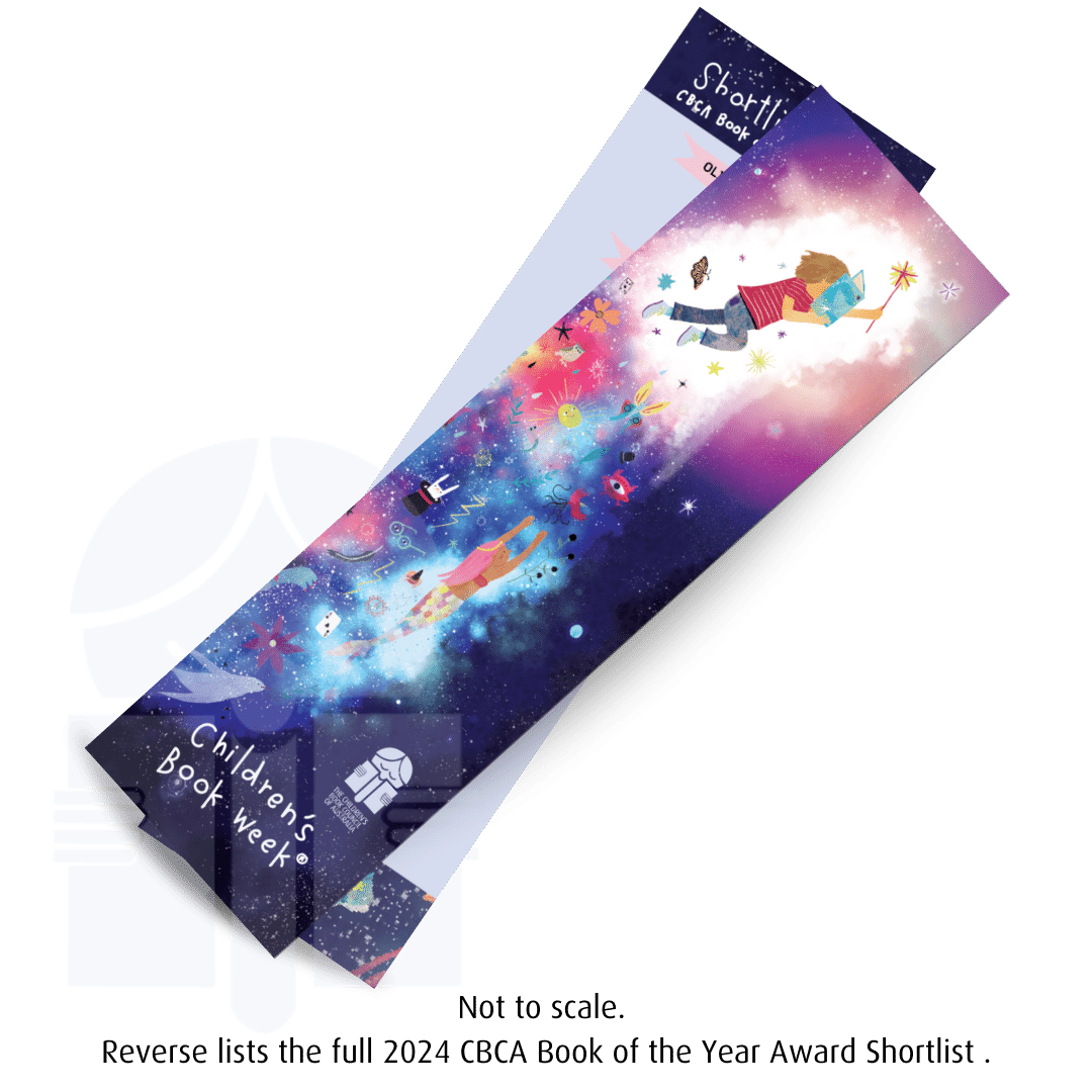 The front of a bookmark with the cartoon of a boy reading a book while flying upwards into a brilliant light  is sitting atop the reverse of the same bookmark. There is small disclaimer text at the base of the image that says Not to scale. Reverse lists the full 2024 CBCA book of the Year Award Shortlist.