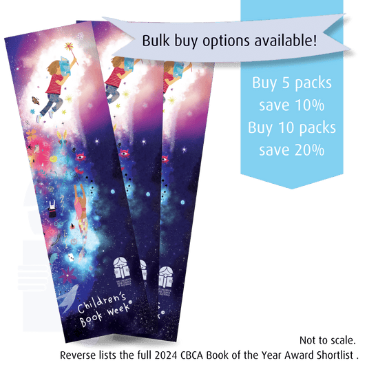 The front of a bookmark with the cartoon of a boy reading a book while flying upwards into a brilliant light  is sitting atop 2 other bookmarks with the same design fanned out wards. There is text over graphic flags that read Bulk buy options available! Buy 5 packs and save 10 percent, buy 10 packs and save 20%