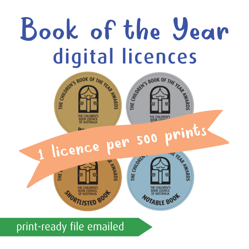 4 CBCA award stamps in a grid of 2 by 2, with text that reads Book of the year digital licences, 1 licence per 500 prints