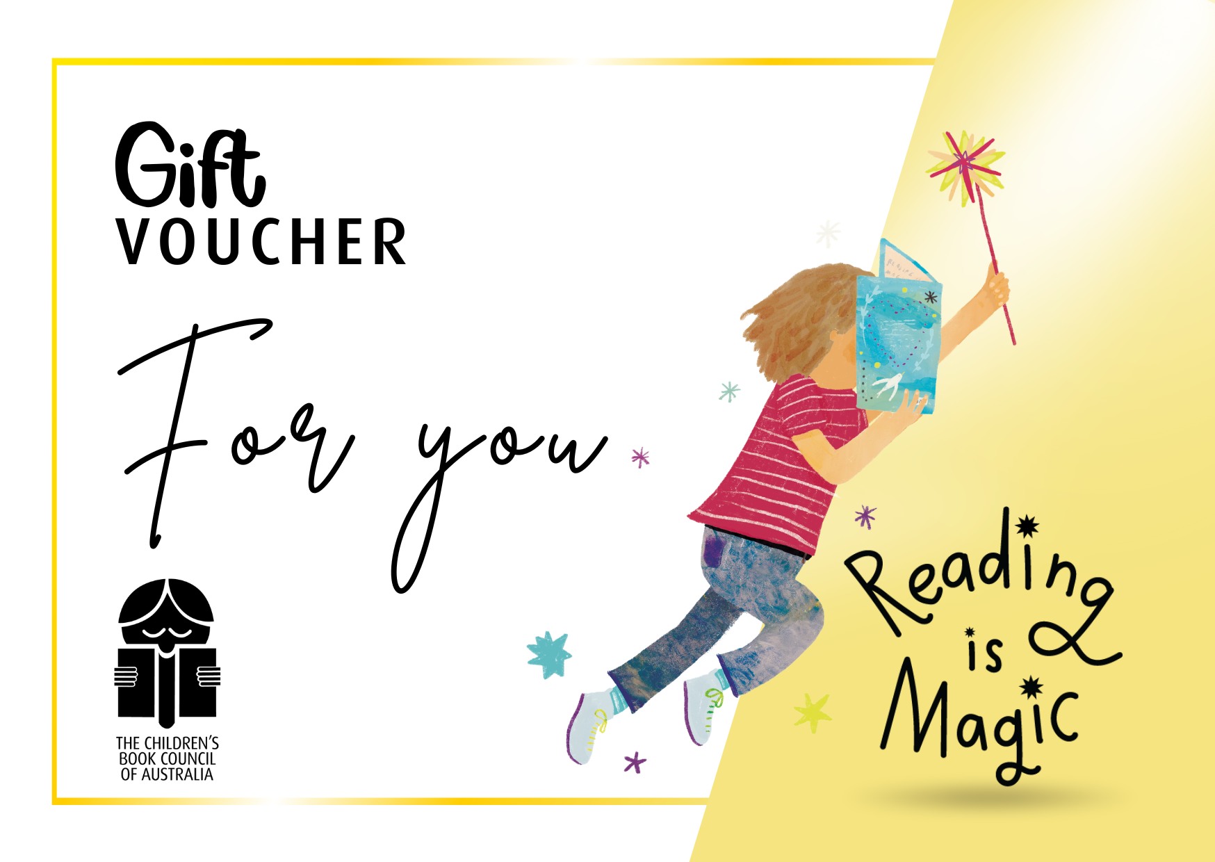 A gift voucher image, with the CBCA logo in the lower left corner and an illustration of a child in profile reading from a book being held in one hand and a wand upwards in the other arm.