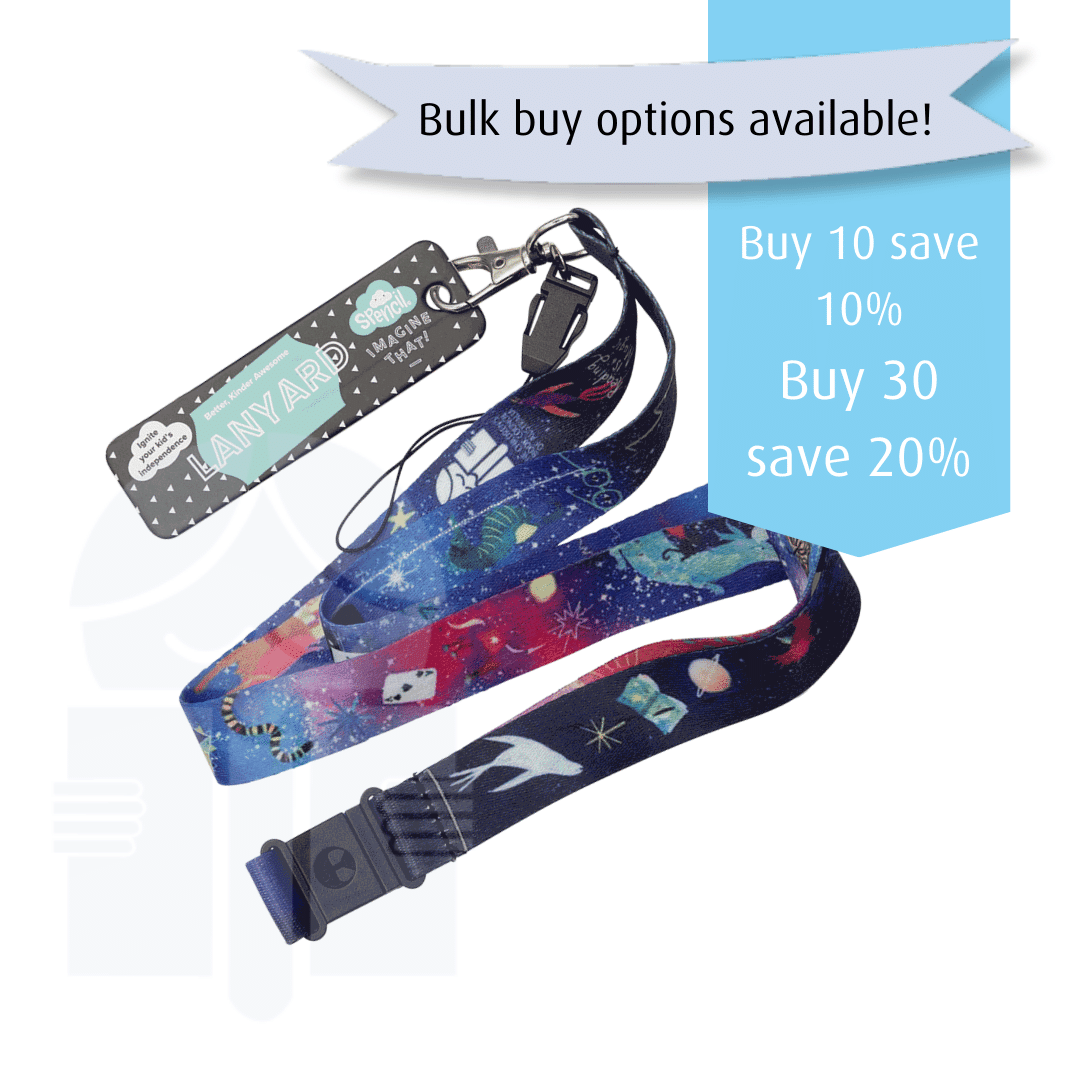 A photo of a lanyard with text over graphic flags that read  Bulk buy options available! Buy 10 save 10 percent, Buy 30 save 20 percent