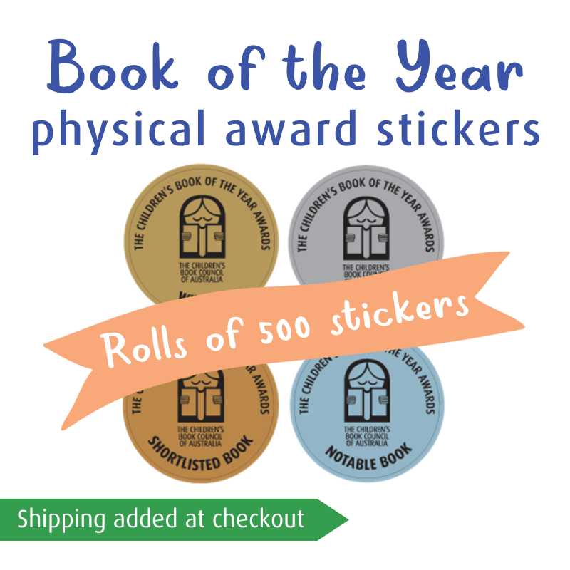 4 CBCA award stamps in a grid of 2 by 2, with text that reads Book of the Year physical award stickers, rolls of 500