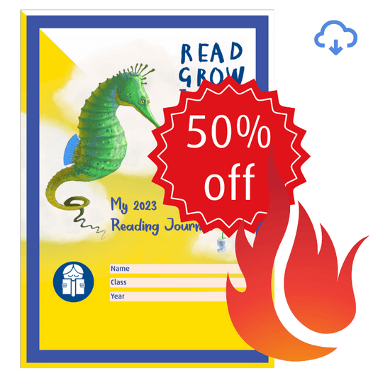Text graphic that reads 50 percent off over th etop of an image of a sheet of paper with an illustrated seahorse.