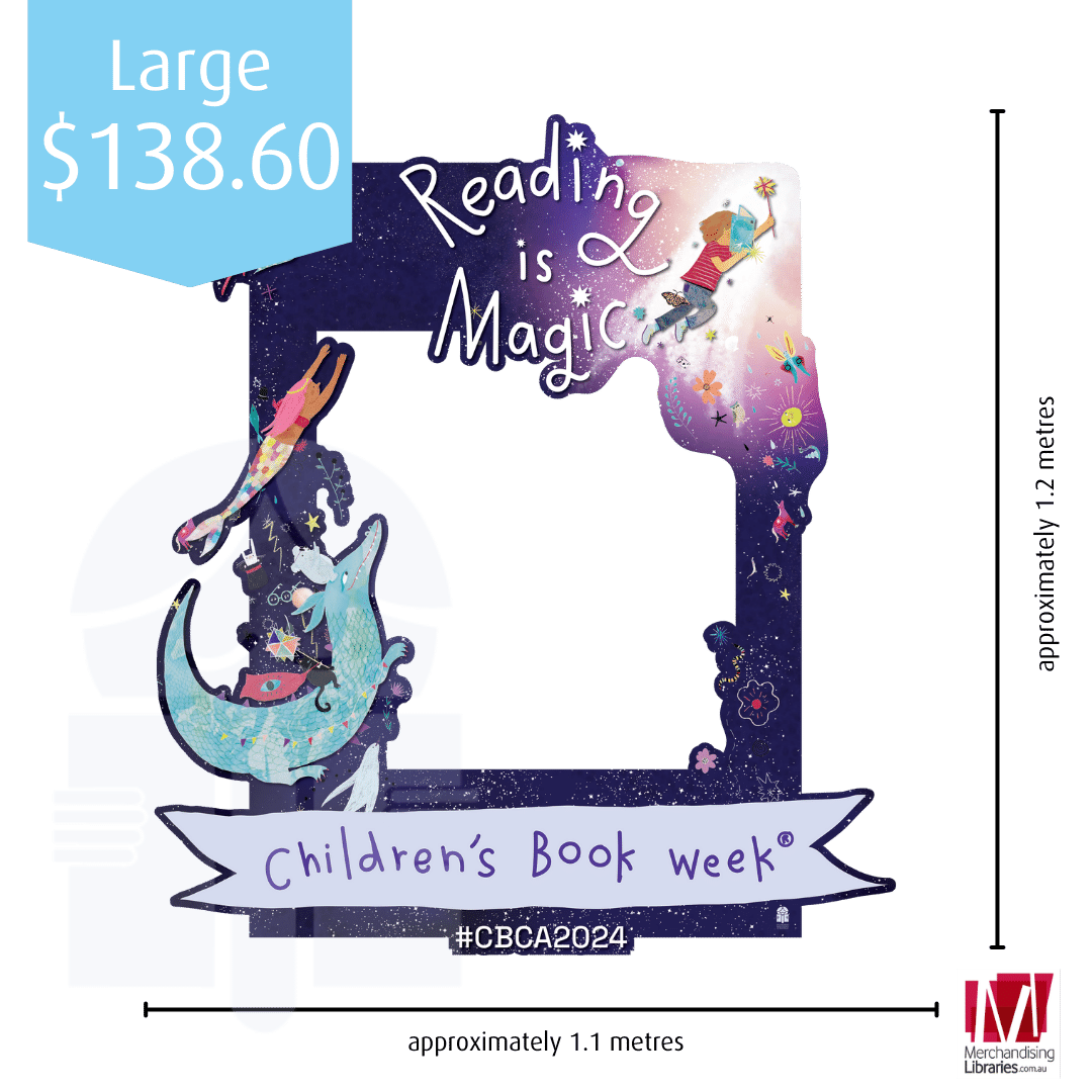 a large colourful frame with cartoon characters around it and text across the bottom that reads Children's Book Week®. Text over a graphic flag reads "Small 138 dollars 60 cents"
