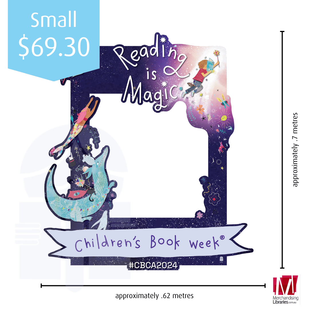 a large colourful frame with cartoon characters around it and text across the bottom that reads Children's Book Week®. Text over a graphic flag reads "Small 69 dollars 30 cents"
