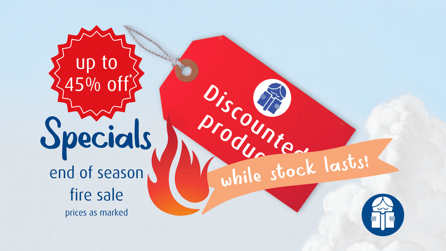 A red luggage tag with the words discounted products hangs against a sky background. The text Specials, up to 45 percent off is at the side