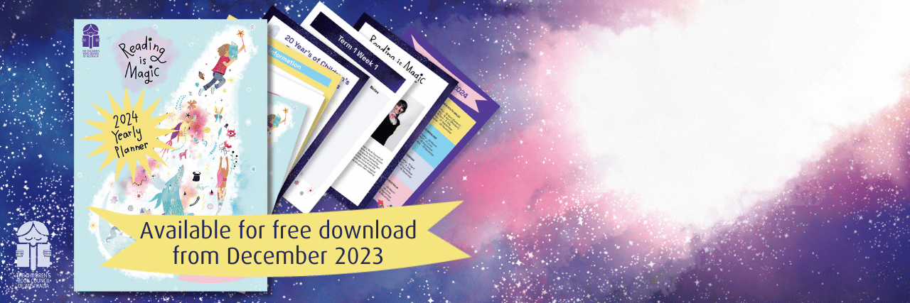 starry sky background with colourful pages of paper fanned out with a graphic banner over the top that reads Available for free download from December 2023. To the right of the spread pages is a brilliant light 