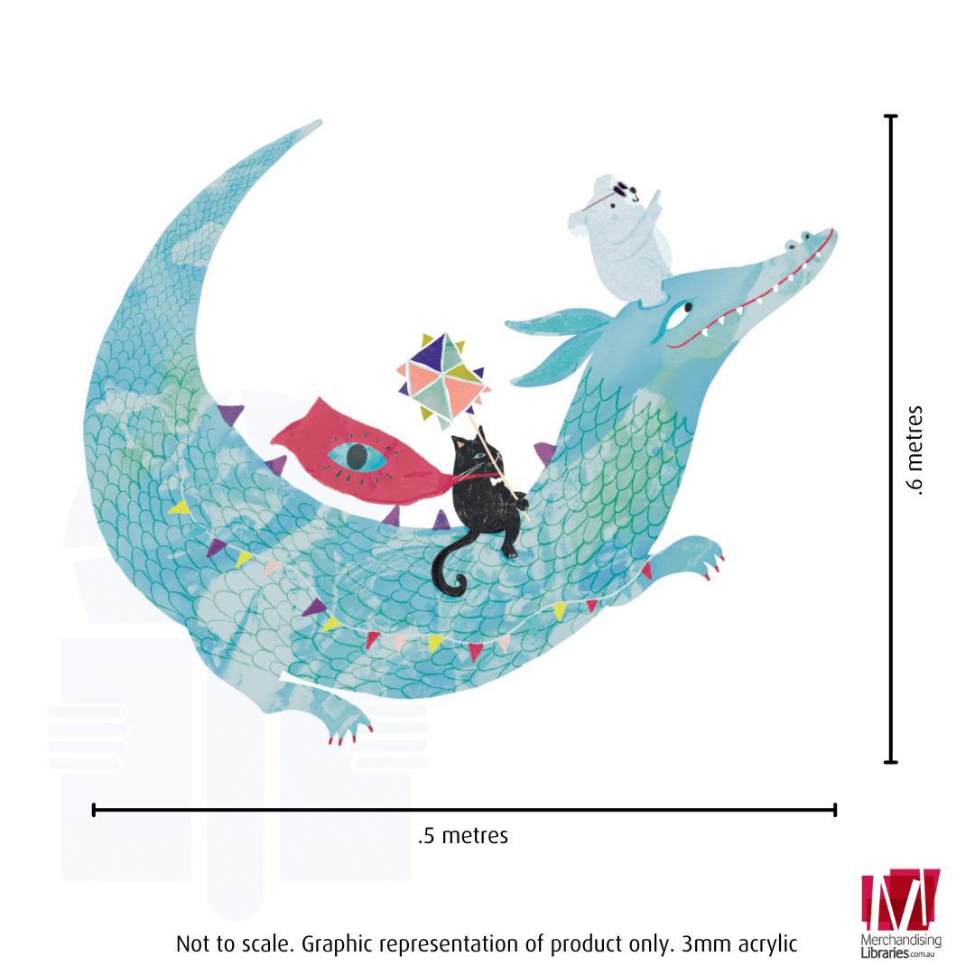 A cartoon image of a long scaly dragon with a caped cat sitting on its back and a koala wearing glasses on its head. A horizontal measurement line below the dragon running from the tail to the nose and reads "point 5 metres". A vertical measurement line from the toes to the nose at the right of the dragon has text that reads "point 6 metres".