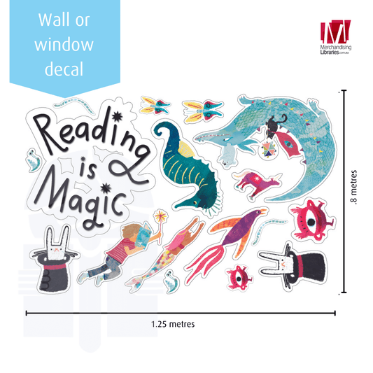 Lots of cartoon characters of mythical creatures are jumbled into a rectangular space within the graphic. There are 2 measurement lines, the lower on represents the length of the characters and says 1.25 metres, and the other represents the height and says .8 metres. There is text in a graphic flag that reads Wall or window decal, and there is a small Merchandising Libraries logo. 