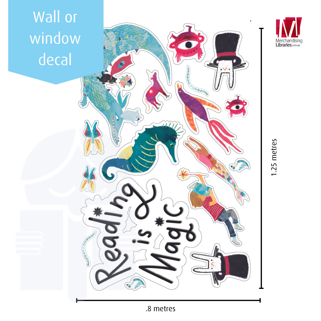 Lots of cartoon characters of mythical creatures are jumbled into a rectangular space within the graphic. There are 2 measurement lines, the lower on represents the height of the characters and says .8 metres, and the other represents the width and says 1.25 metres. There is text in a graphic flag that reads Wall or window decal, and there is a small Merchandising Libraries logo. 