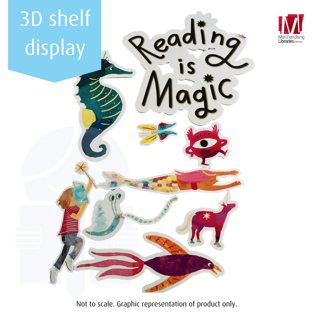 A collection of 3D cutout display characters that are cartoon mythical creatures. Text over a graphic flag reads 3D shelf display