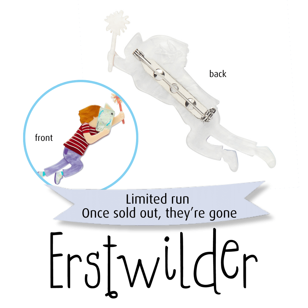 The front and rear photos of a brooch, which is a child in profile covering their face with an open book, their other hand outstretched holding a wand. Text below it reads Limited run. Once sold out, they're gone, Erstwilder