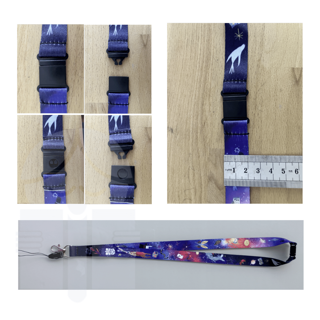 A series of 6 photos that show the clip of a lanyard in both open and closed states. A ruler sits across the band of 1 lanyard showing the width is 2 centimetres wide.