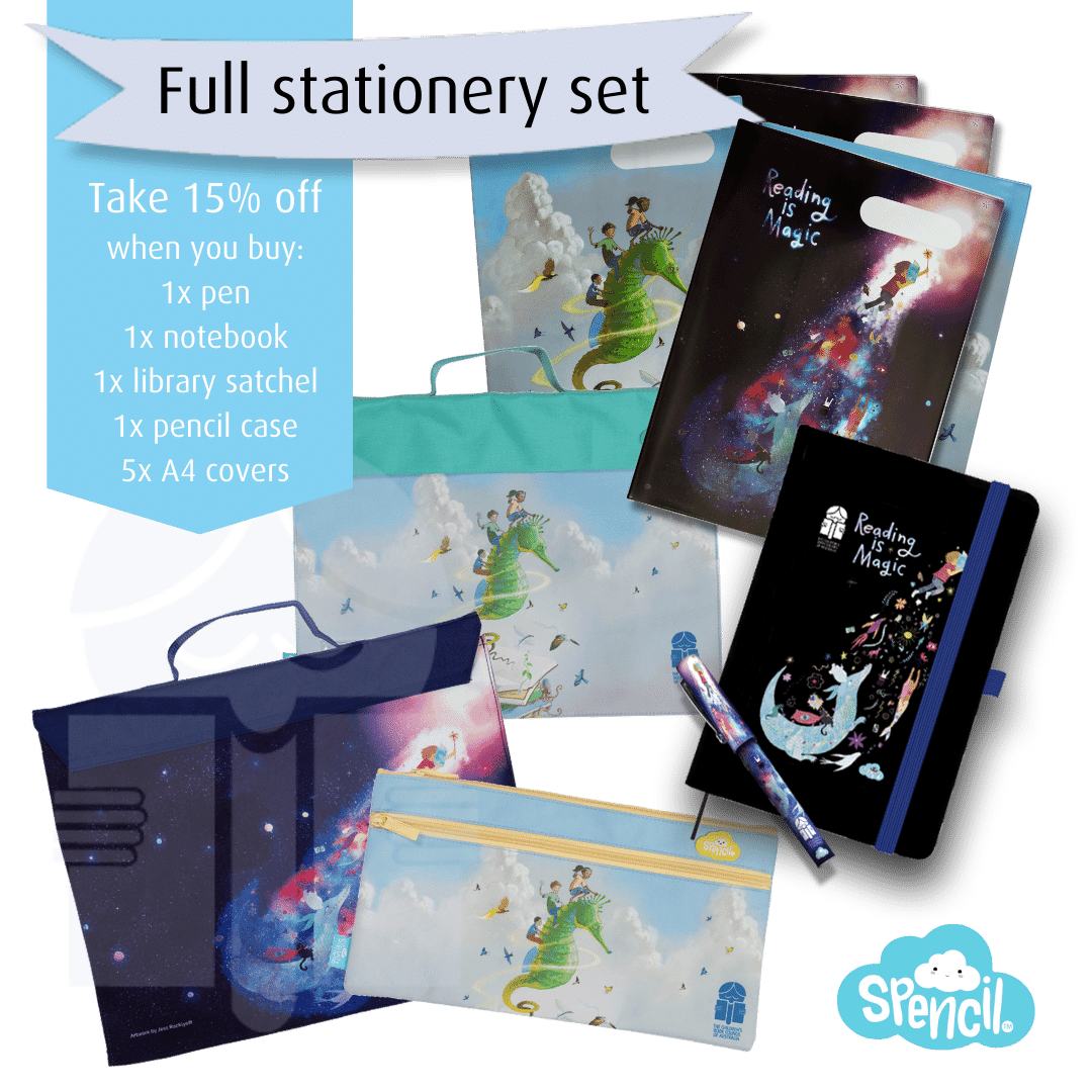 A selection of Spencil branded stationery are fanned outwards, including Library book satchels, exercise book covers, pencil case pen and notebook. Text on a graphic flag reads "Full stationery set. Take 15% off when you buy: 1x pen, 1x notebook, 1x library satchel, x1 pencil case, 5x A4 covers.