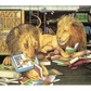 An illustration of 2 lions sitting amongst a lots of books that litter the floor around them  