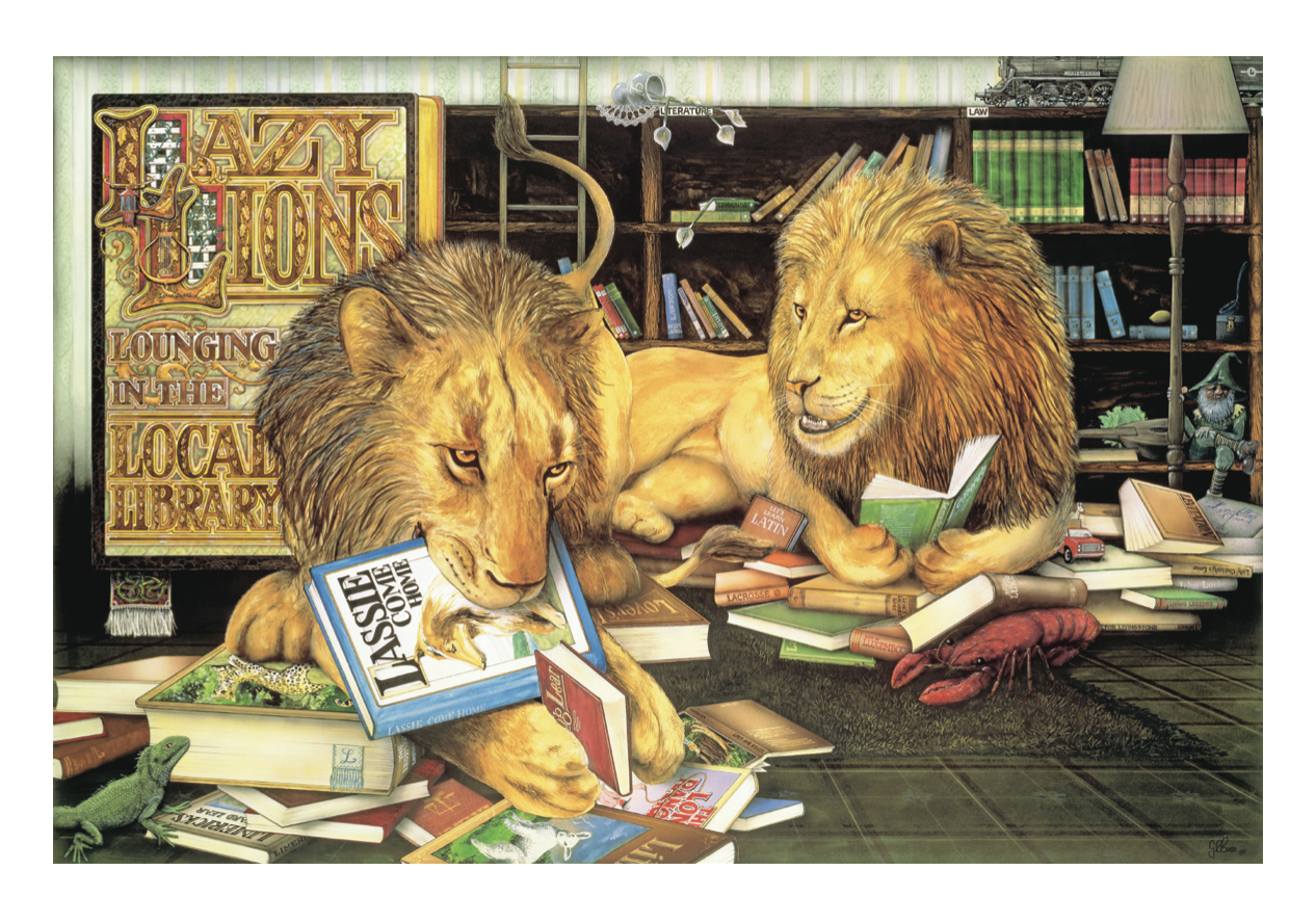 An illustration of 2 lions sitting amongst a lots of books that litter the floor around them  