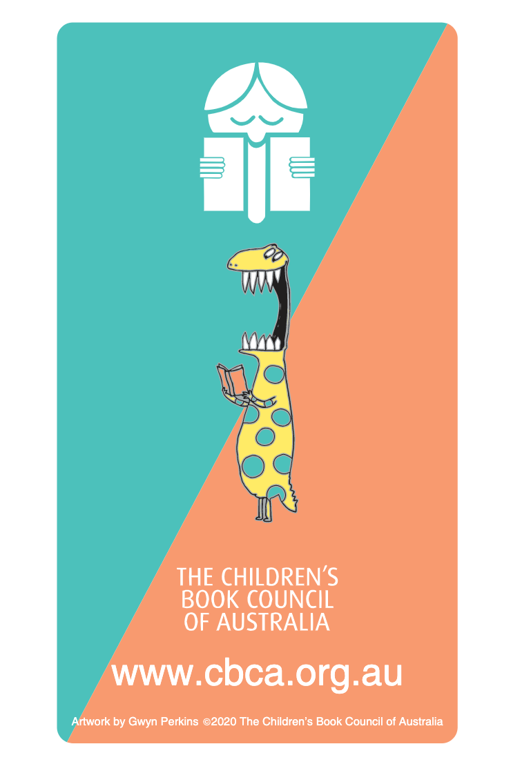 A thin tall monster with sharp teeth and its mouth wide open is holding a book on a card that reads The Children's Book Council of Australia
