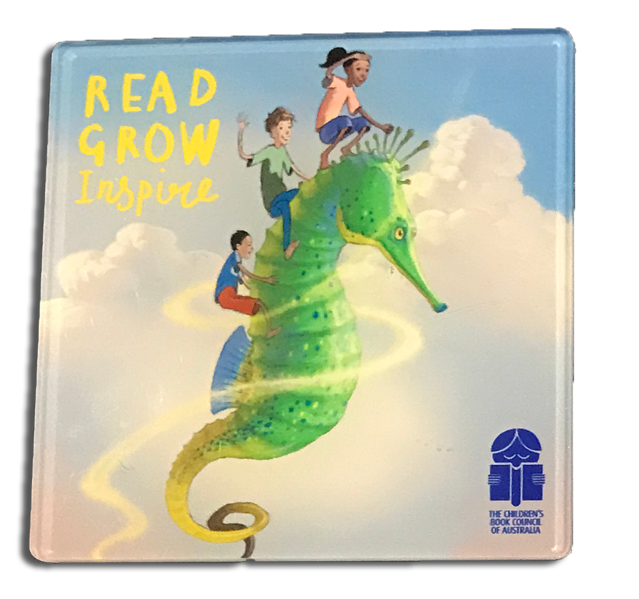 a cup coaster with the image of a seahorse flying in a cloud filled sky, carrying three young chidlren on its back