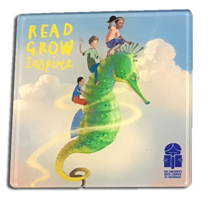 a cup coaster with the image of a seahorse flying in a cloud filled sky, carrying three young chidlren on its back
