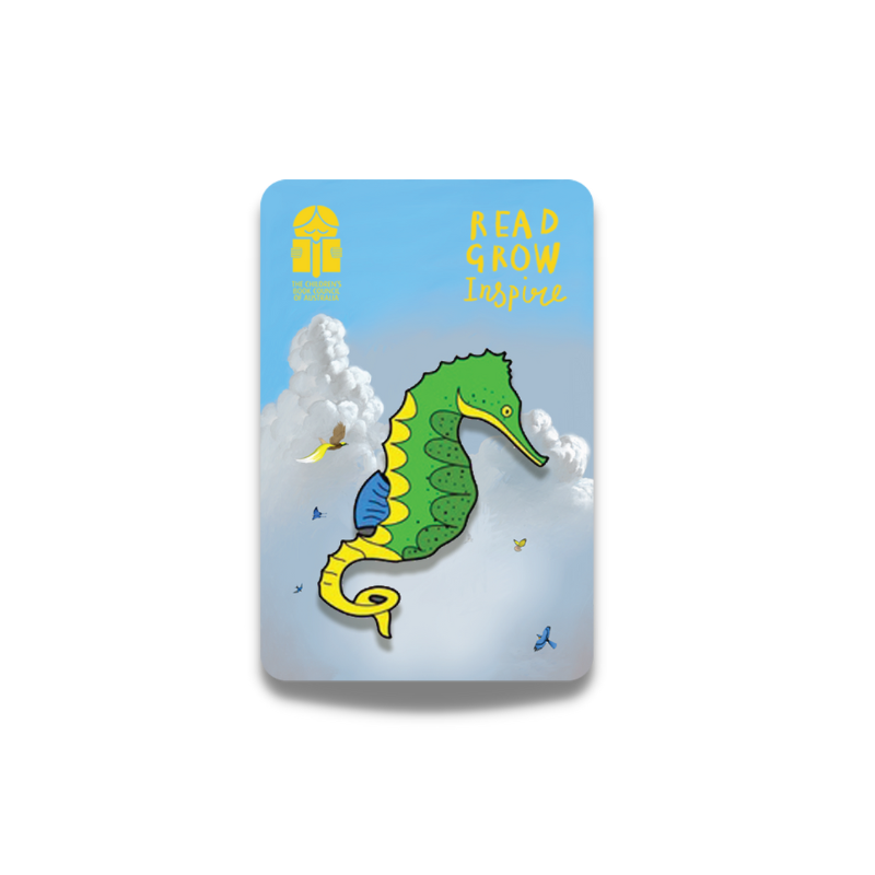 lapel pin in the shape of a seahorse over a rounded edge card