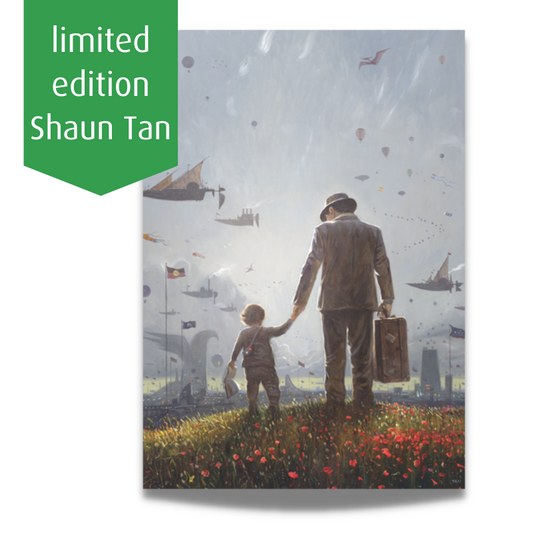 print of a man in a suit walking away, holding the hand of a small boy walking with him, with text that reads "limited edition Shaun Tan"