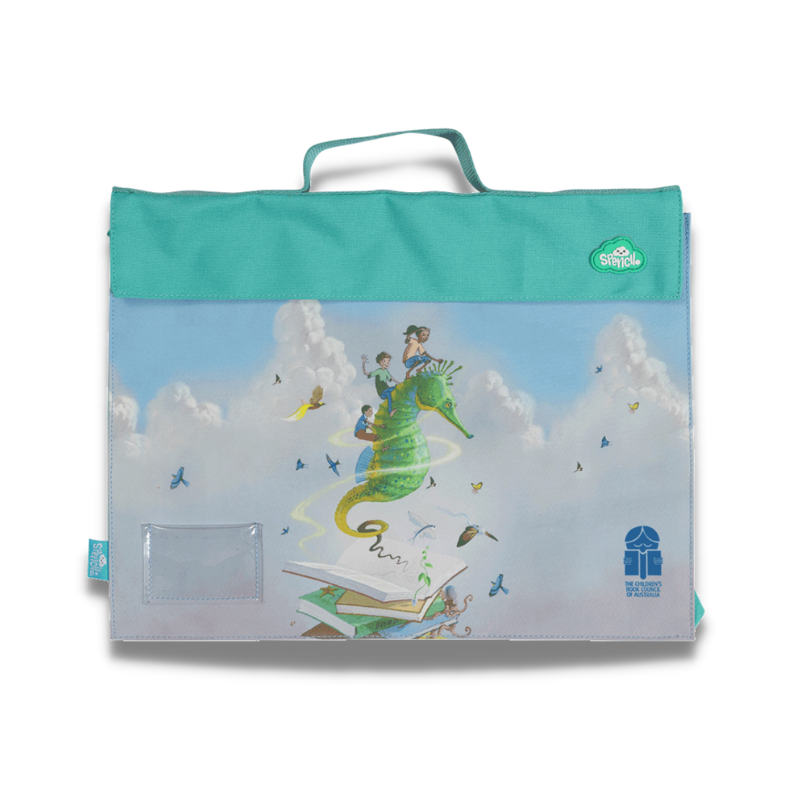 A picture of a library book satchel with an illustration of a flying seahorse printed on it