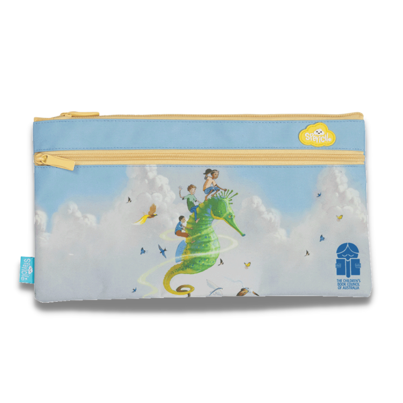 A pencil case with an illustrated seahorse floating in clouds printed on it