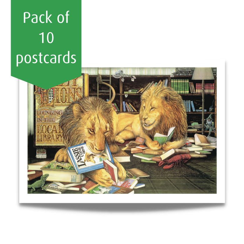 Two large male lions lie on the floor of a library eating books with text that reads "pack of ten postcards"